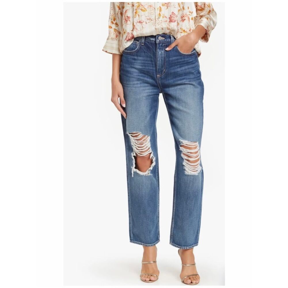 L'AGENCE Ezra Super High Rise Distressed Straight-Leg Jeans Raw Hem Size 28